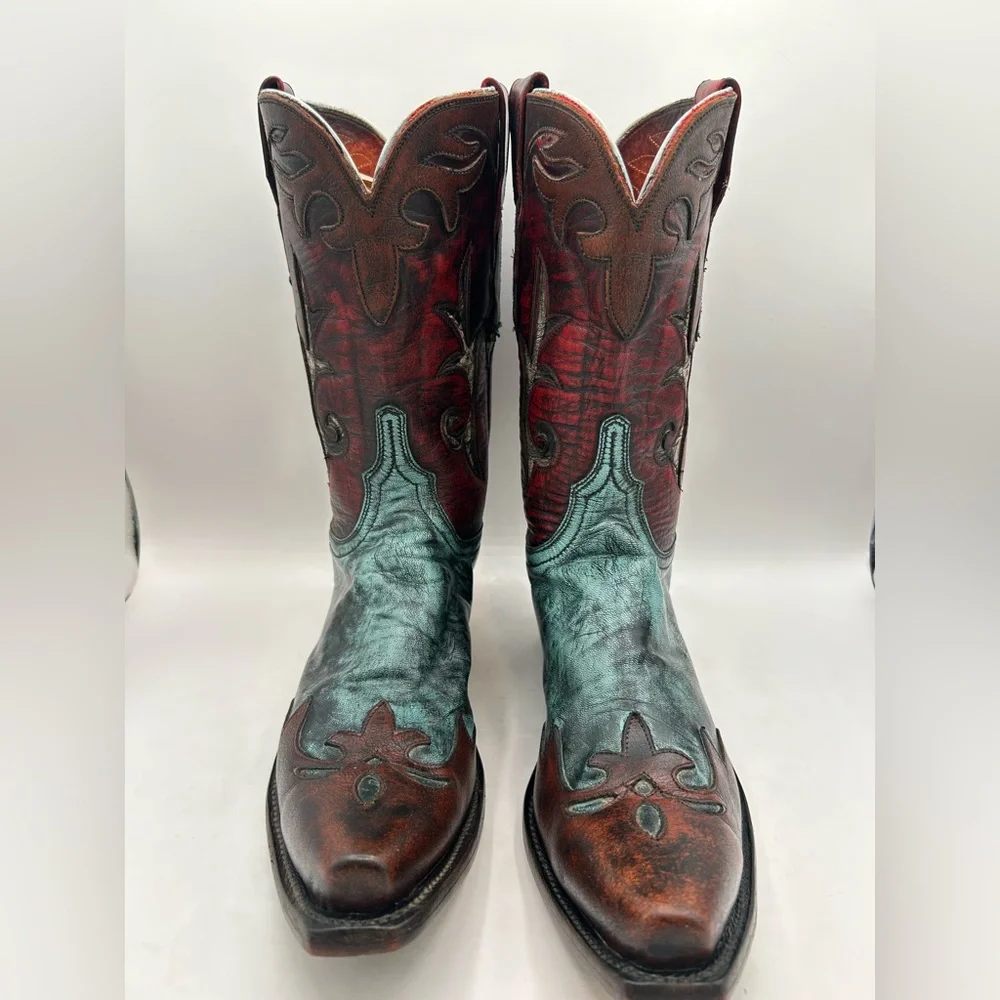 Lucchese Women’s Western Cowboy Boots Red Teal & Brown Distressed Leather Size 7 - Picture 6 of 17